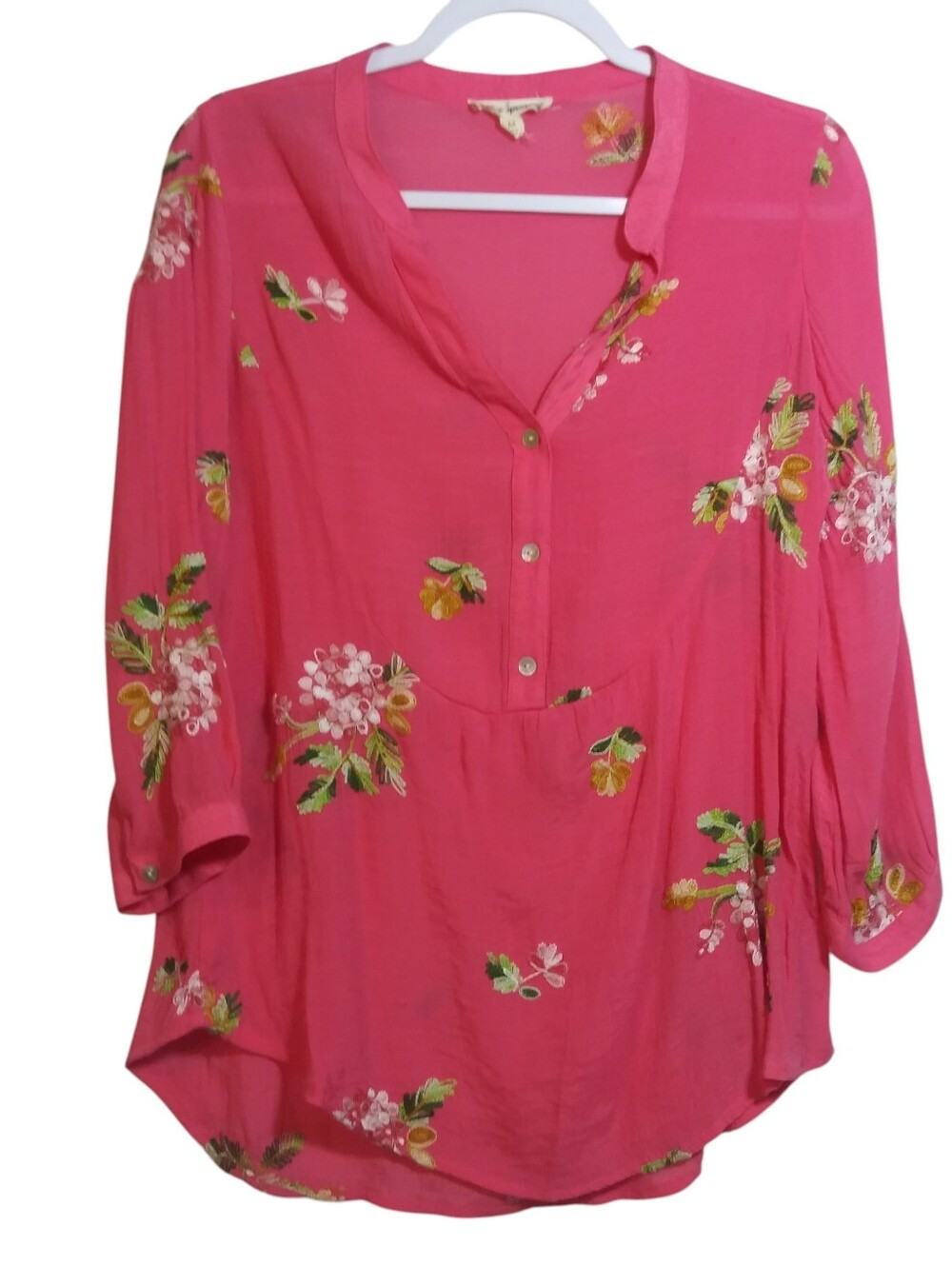 Hope Springs Pink Embroidered Lightweight Boho Top Crinkle Gauze Size M